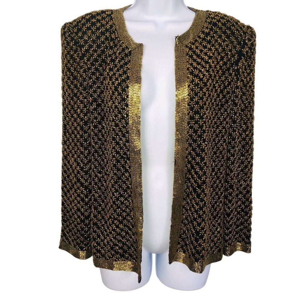 Vintage 90s Womens S Jacket Black Gold Open Front Beaded Silk Heavy